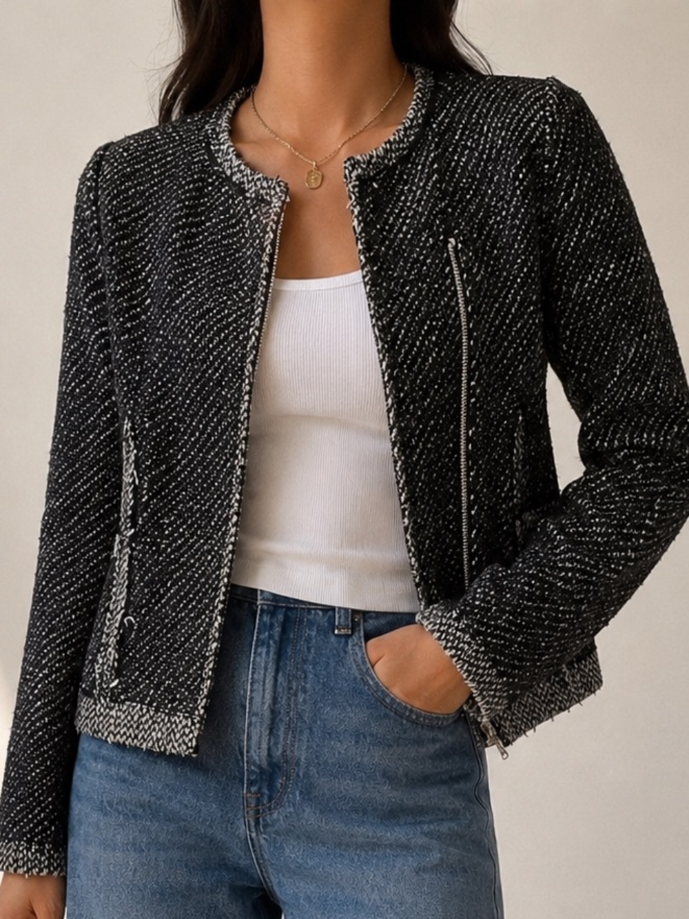Rebecca Taylor Black White Tweed Asymmetrical Moto Jacket Size 8
